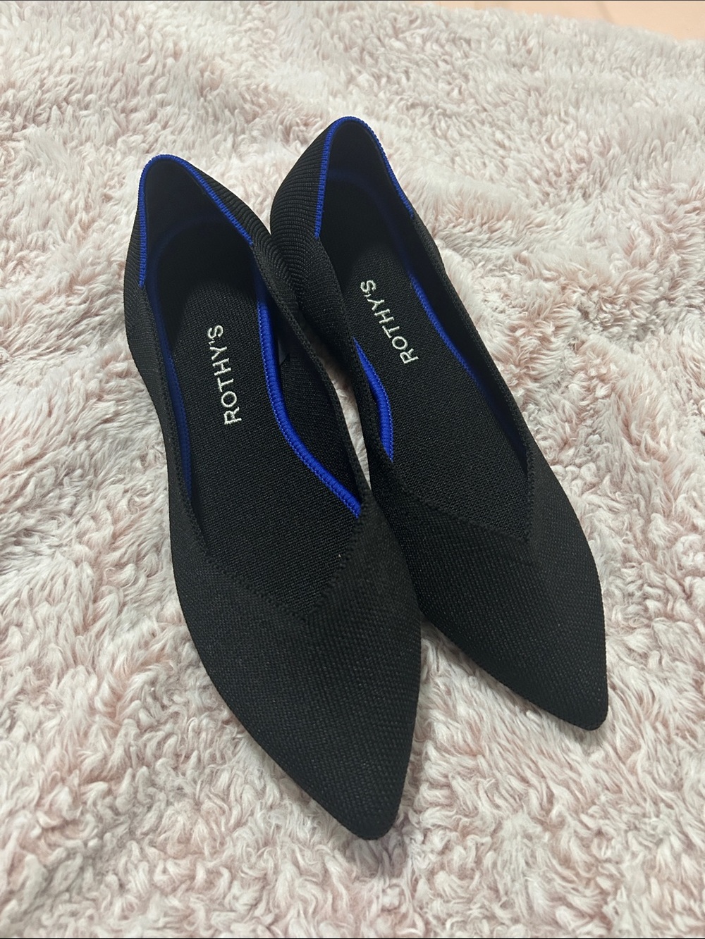 Rothy's Black Pointed Flats with Blue Trim